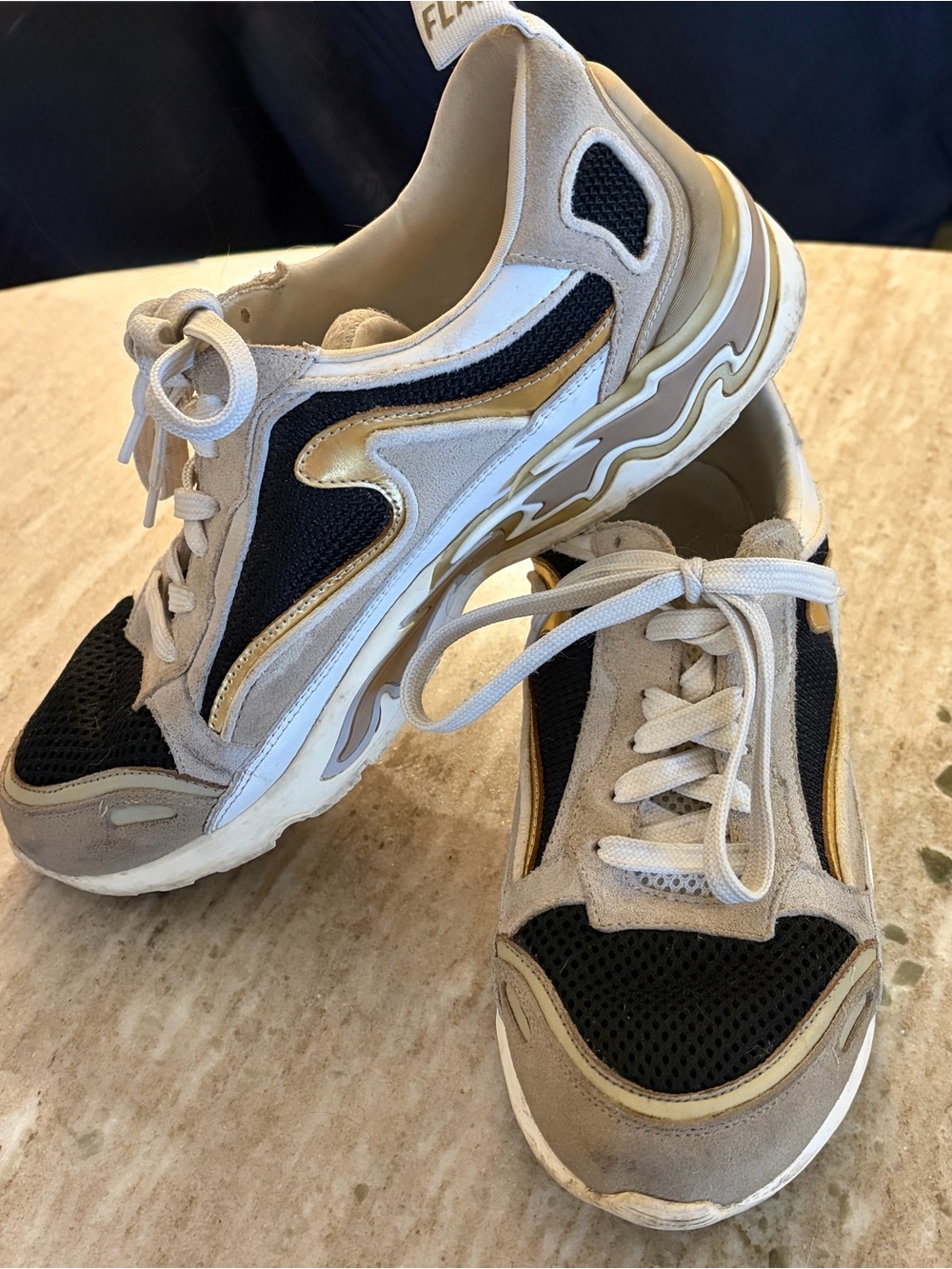 Chunky Beige and Black Athletic Sneakers with Gold Accent